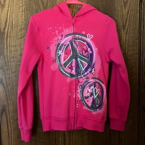 Pink Total Girl glitter peace sign zip-up sweatshirt, girls size XL